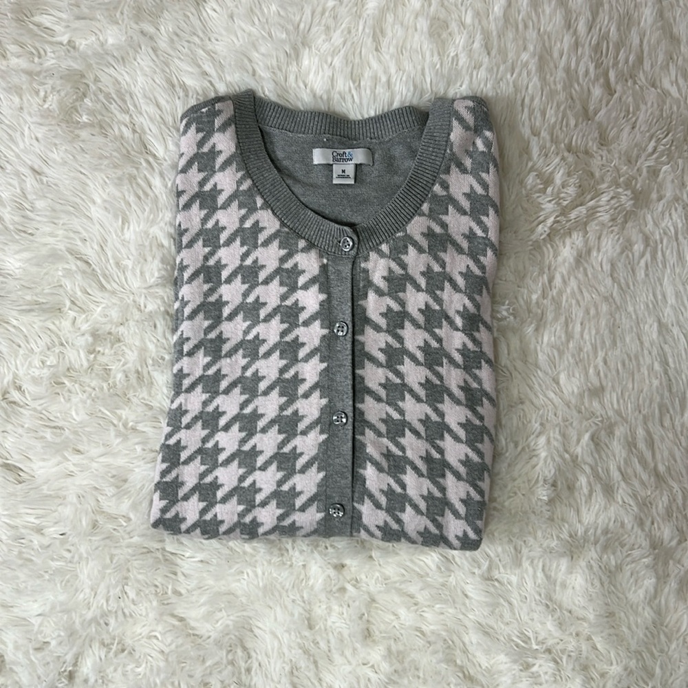 Grey and pale pink houndstooth cardigan